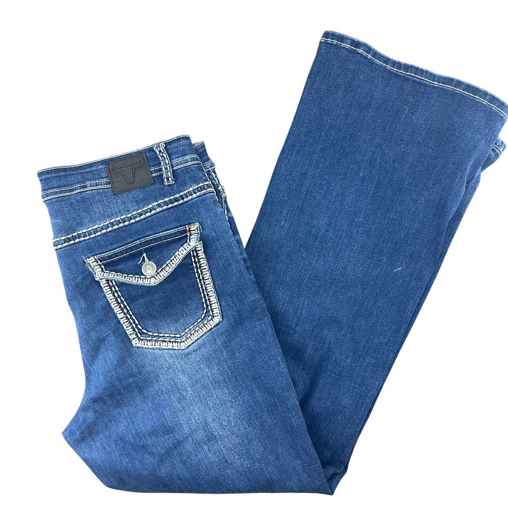 Lucky & Blessed Jeans Womens Bootcut Blue Contrast Stitch Flap Pocket Y2K Denim